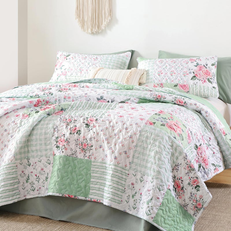YIKUSH Quilt Sets Queen Size Floral Quilt Set 3 Pieces Bedding Set Bedspreads Green Comforter Blanket with 2 Pillow Cases- Ultra Soft Floral Coverlet with Printed Pattern 90in.x 90in - Image 4